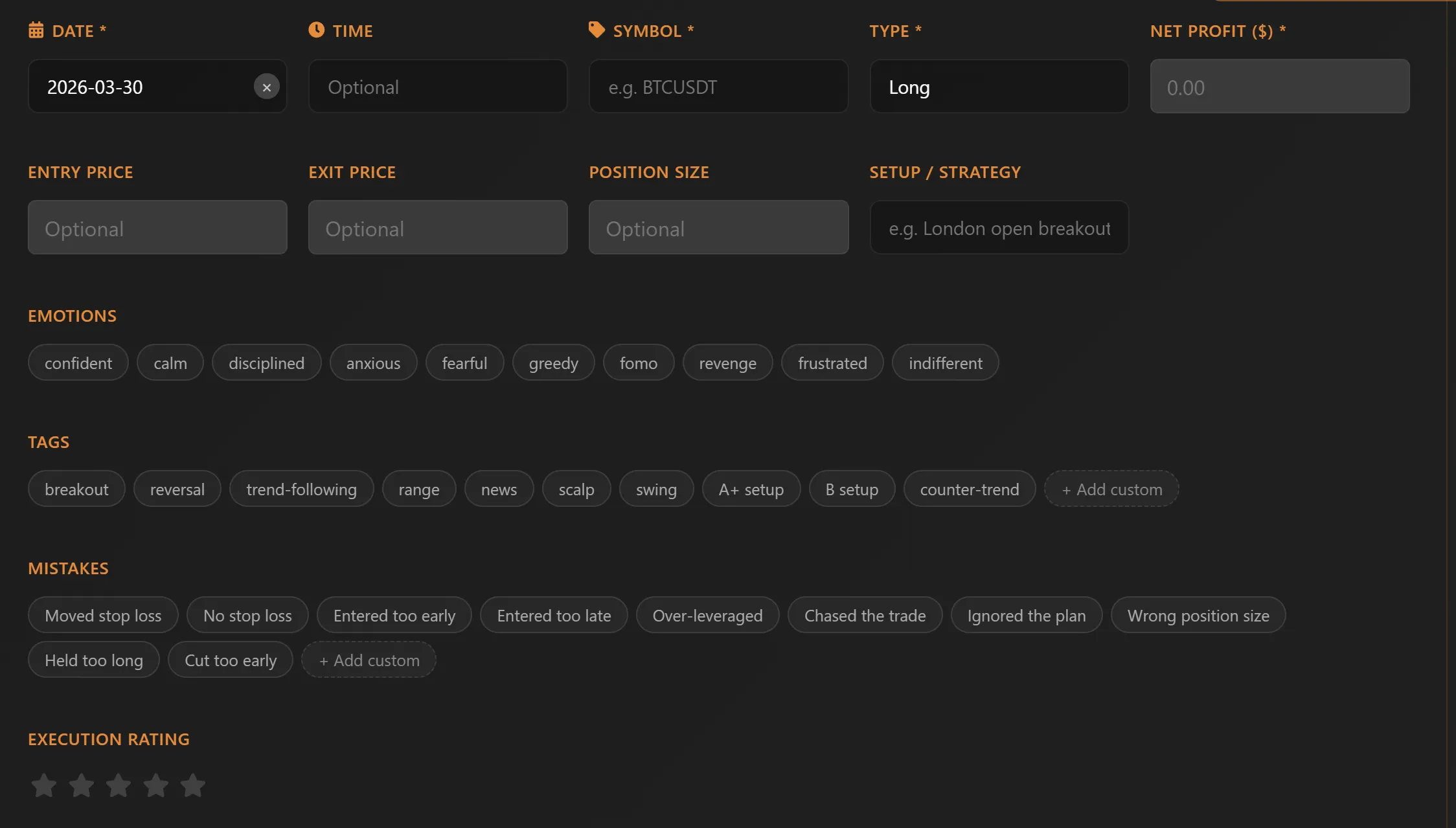 Trade Logging and Tagging