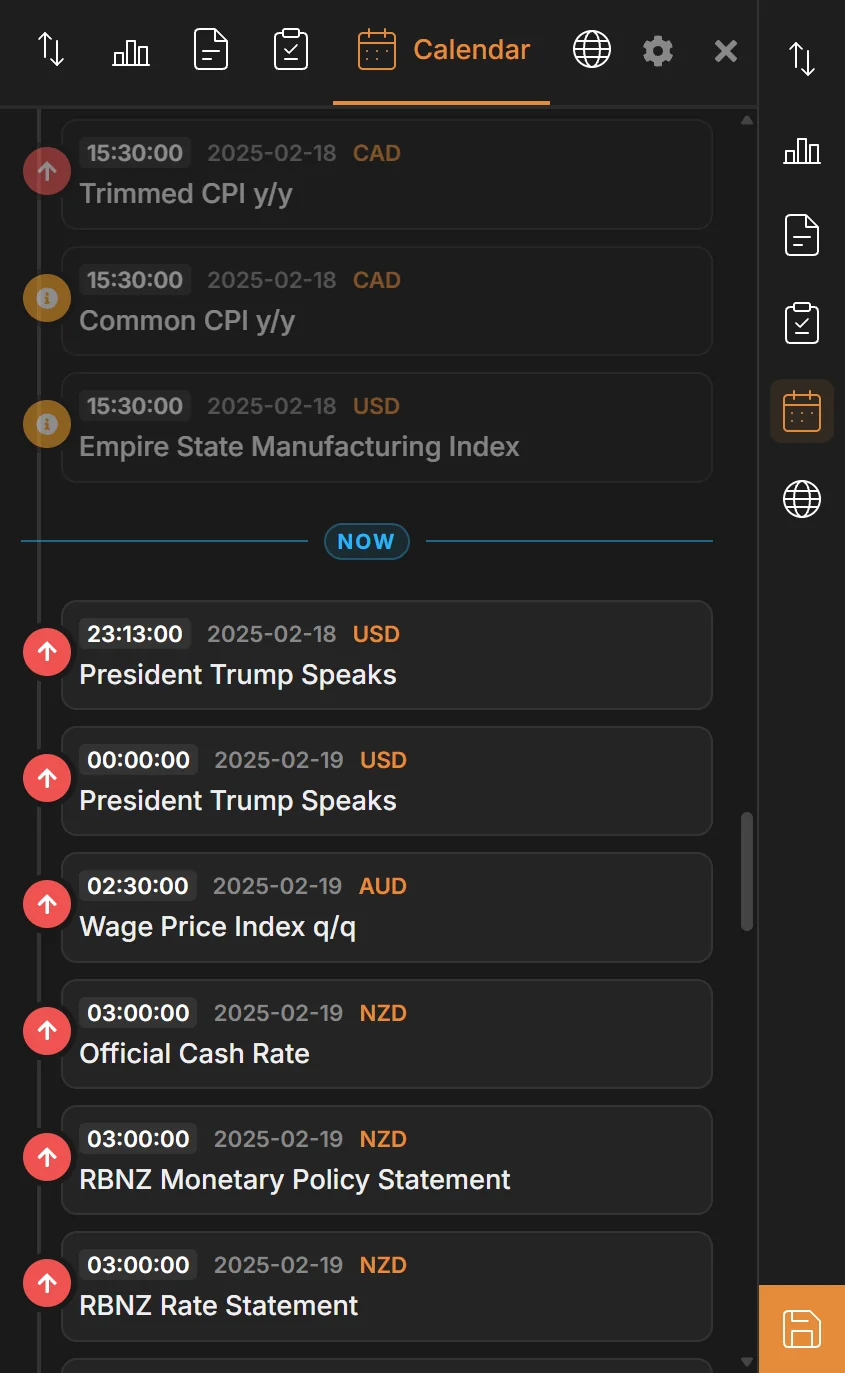 Economic calendar tab with events around the current chart time