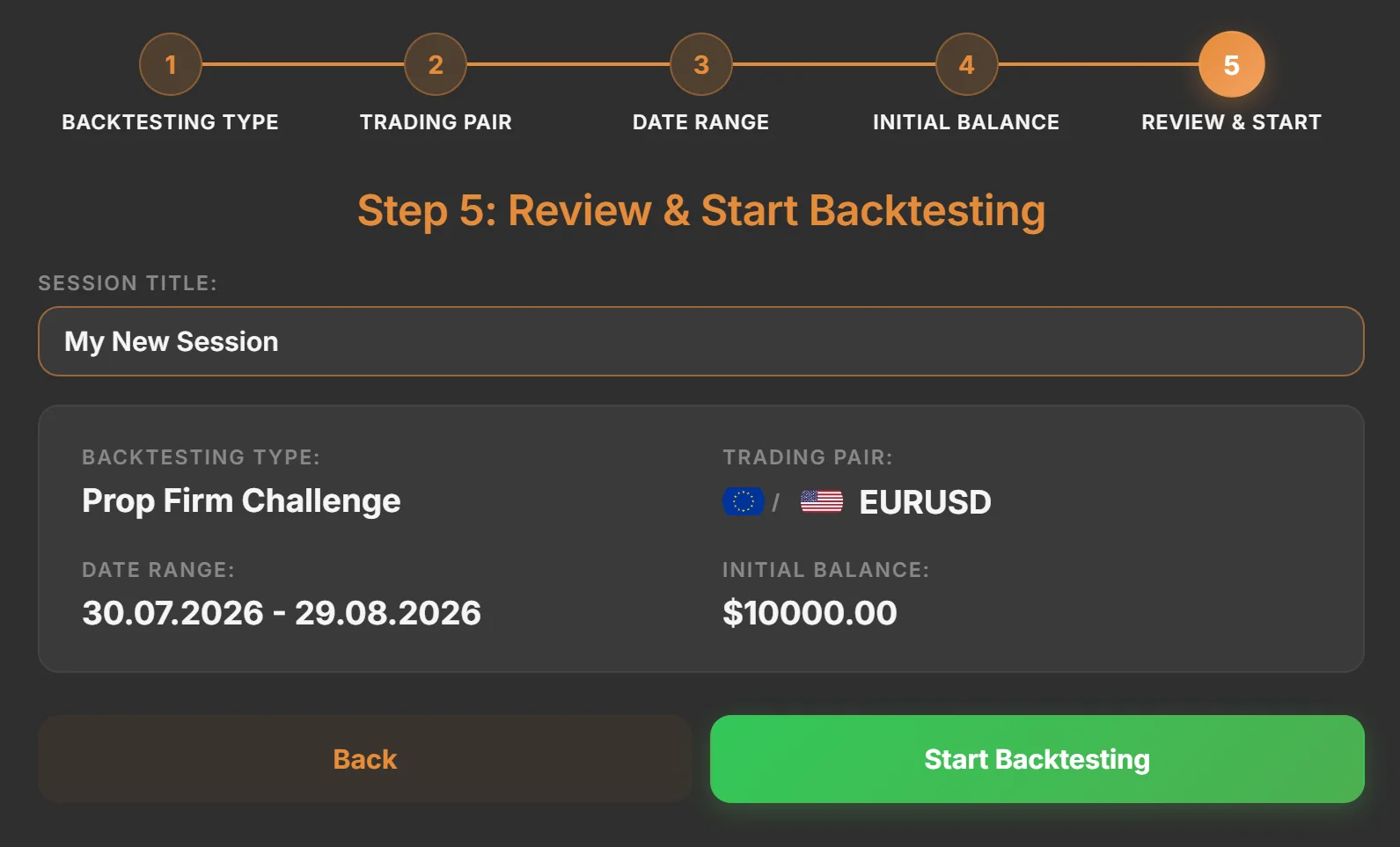 New session window with the market, the dates and the starting balance