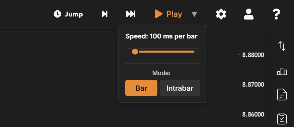 Playback controls with the speed slider and the Bar and Intrabar modes