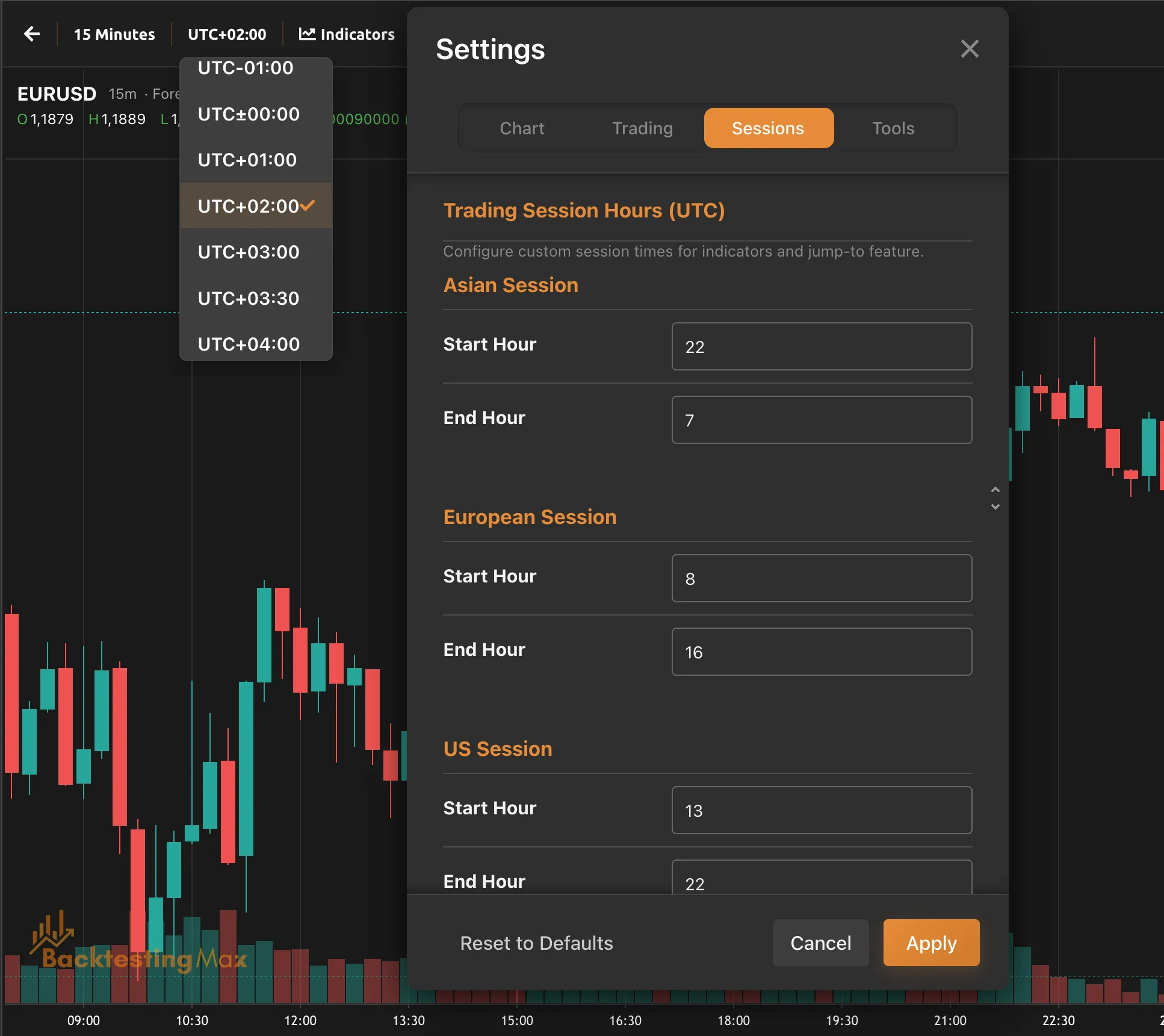 Timezone selector open next to the timeframe, with Settings → Sessions behind it