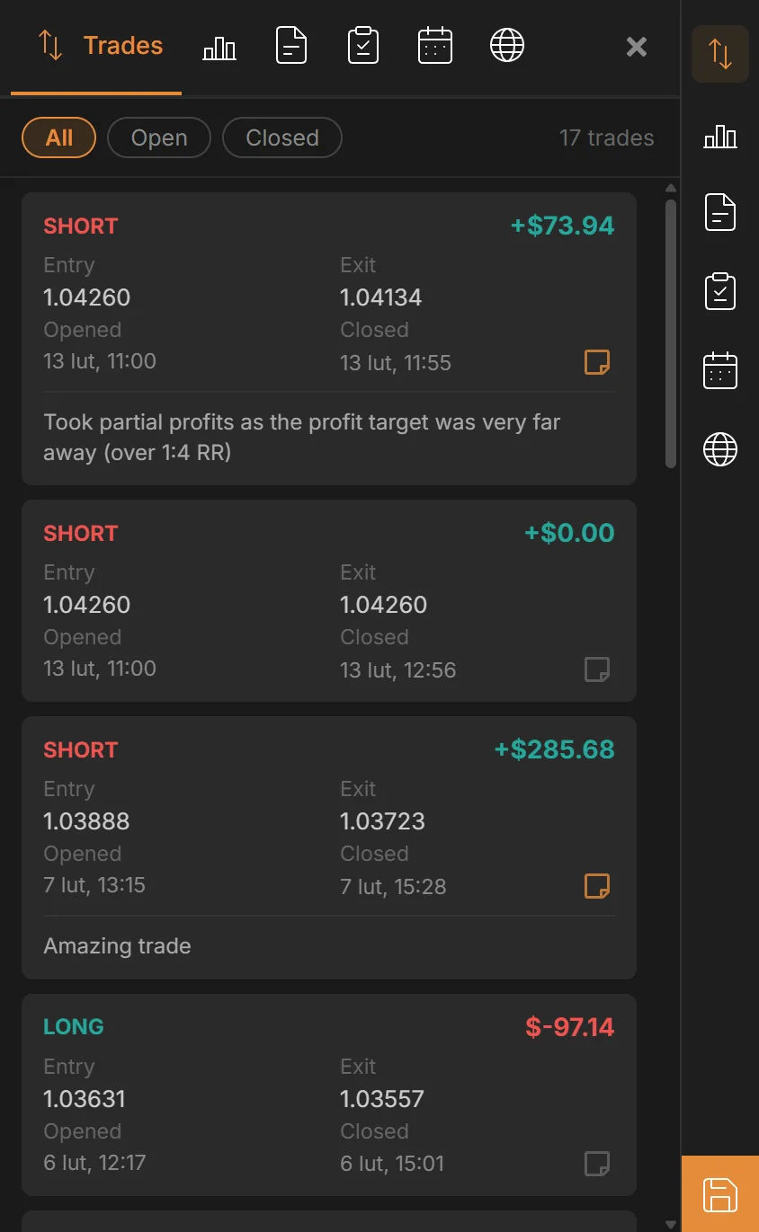Trades tab in the right sidebar
