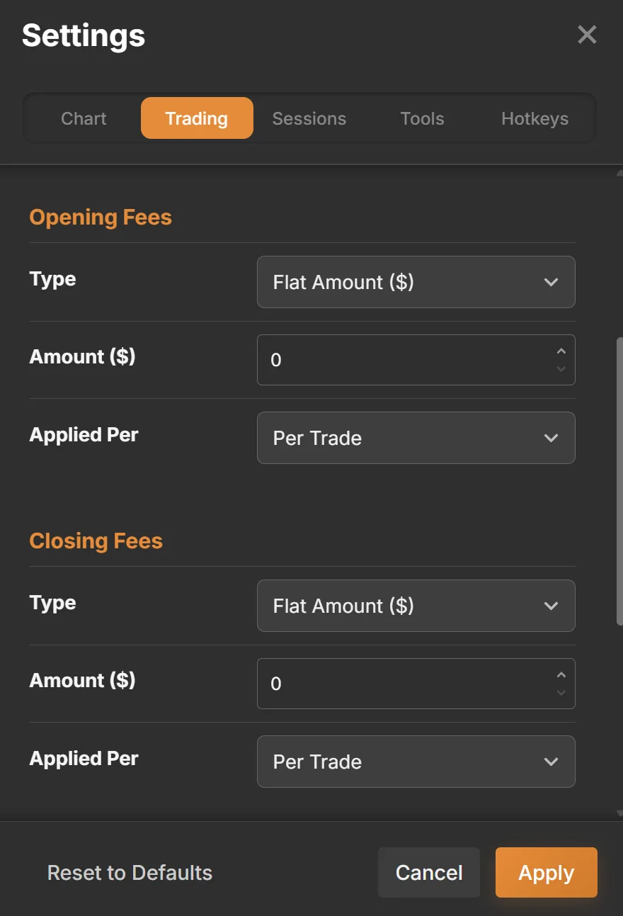 Trading costs settings with spread, commission and fees